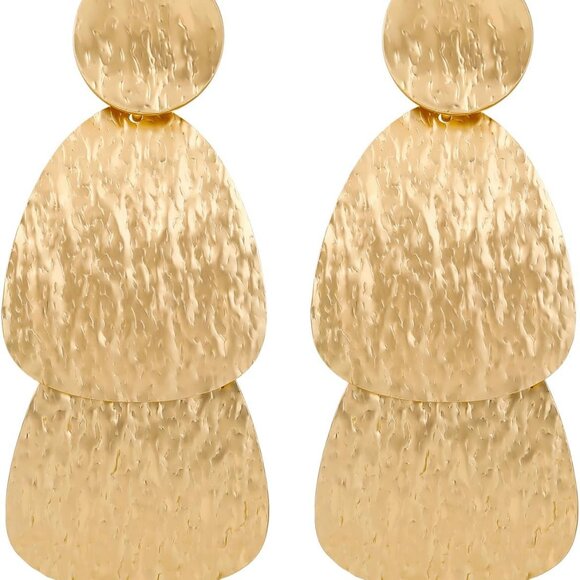 Gold Earrings for Women 14k Gold Plated Lightweight Dangle Earrings Hammered Dis - Picture 1 of 6